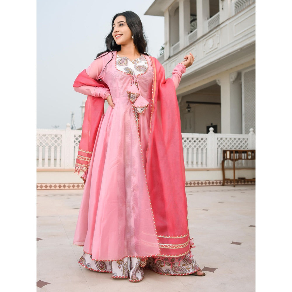 Indian Virasat Flamingo Pink Cape with Printed Inner and Dupatta (Set of 3)