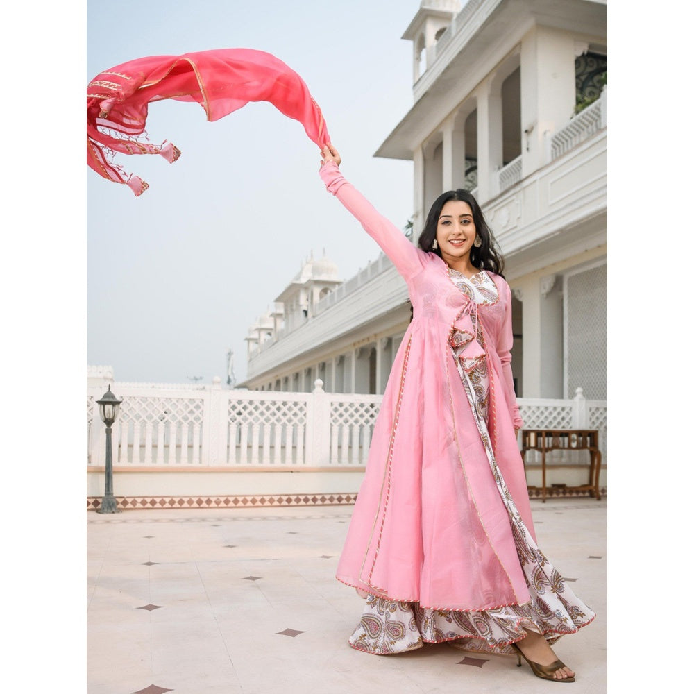 Indian Virasat Flamingo Pink Cape with Printed Inner and Dupatta (Set of 3)