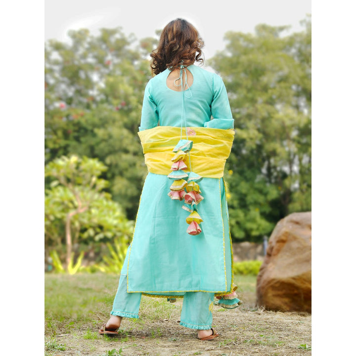 Indian Virasat Mint Green Embroidered Suit with Gold Dupatta (Set of 3)