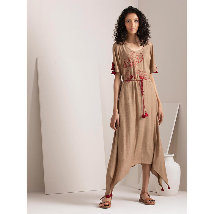 Earthen BY INDYA Beige Embroidered Belted High Low Dress