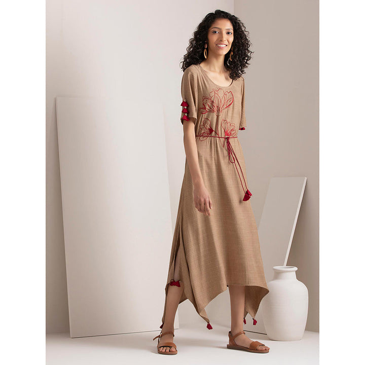 Earthen BY INDYA Beige Embroidered Belted High Low Dress