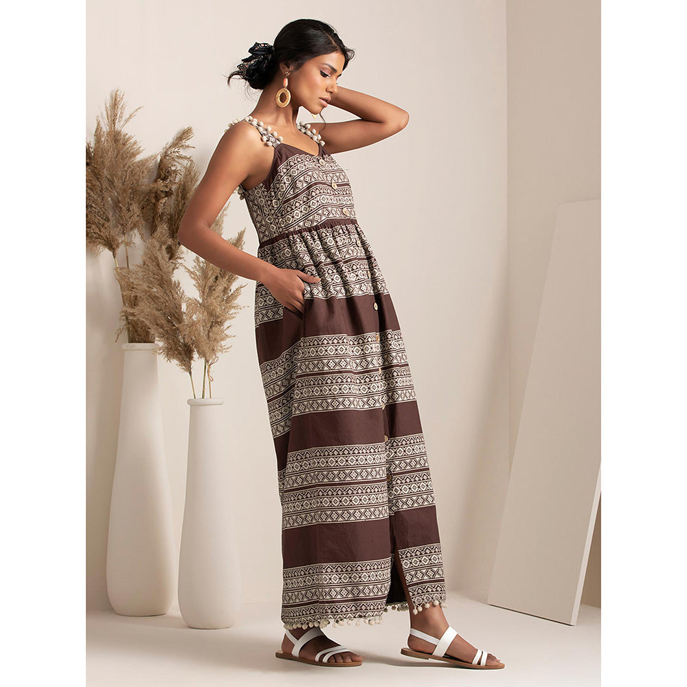 Earthen BY INDYA Brown Tribal Button Down Maxi Dress