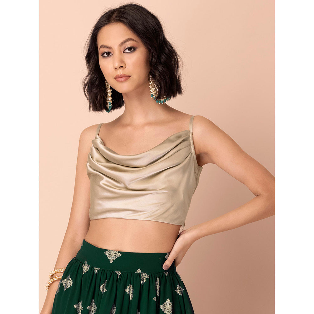 Indya Beige Satin Cowl Neck Crop Top