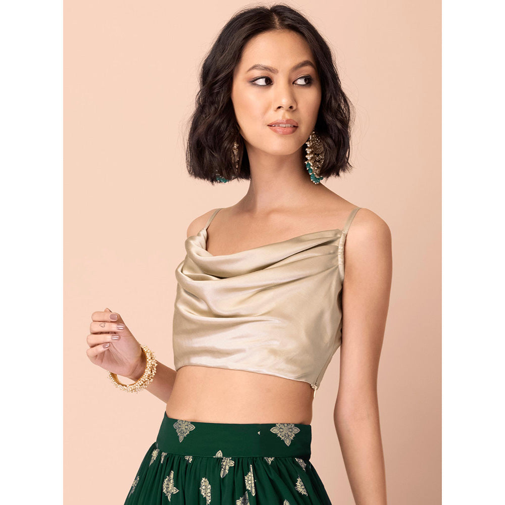 Indya Beige Satin Cowl Neck Crop Top