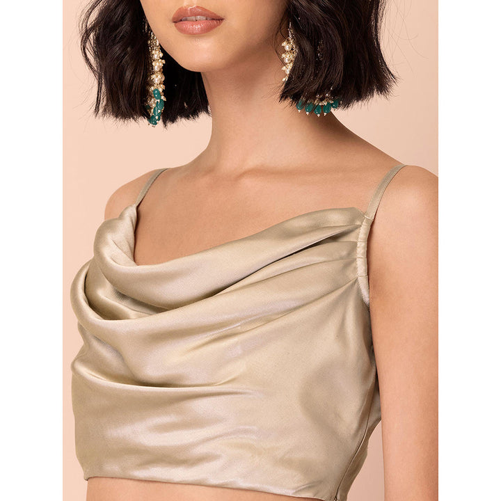 Indya Beige Satin Cowl Neck Crop Top