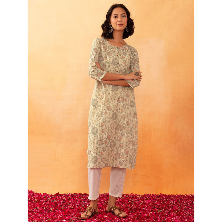 Indya Beige Floral Kantha Print Cotton Kurta