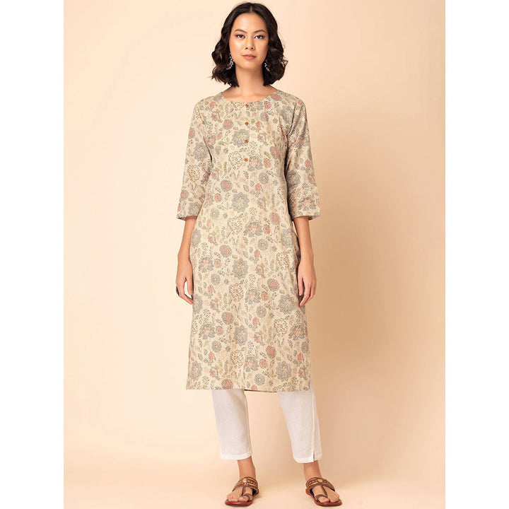 Indya Beige Floral Kantha Print Cotton Kurta