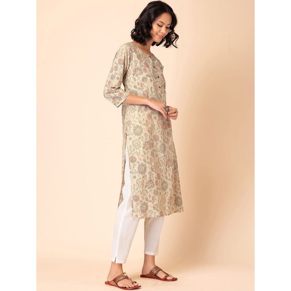 Indya Beige Floral Kantha Print Cotton Kurta