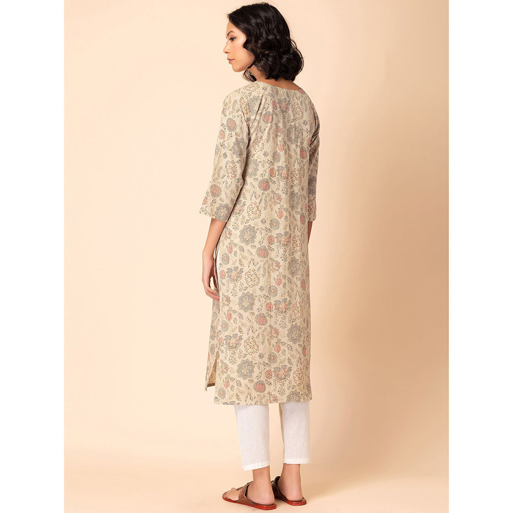 Indya Beige Floral Kantha Print Cotton Kurta