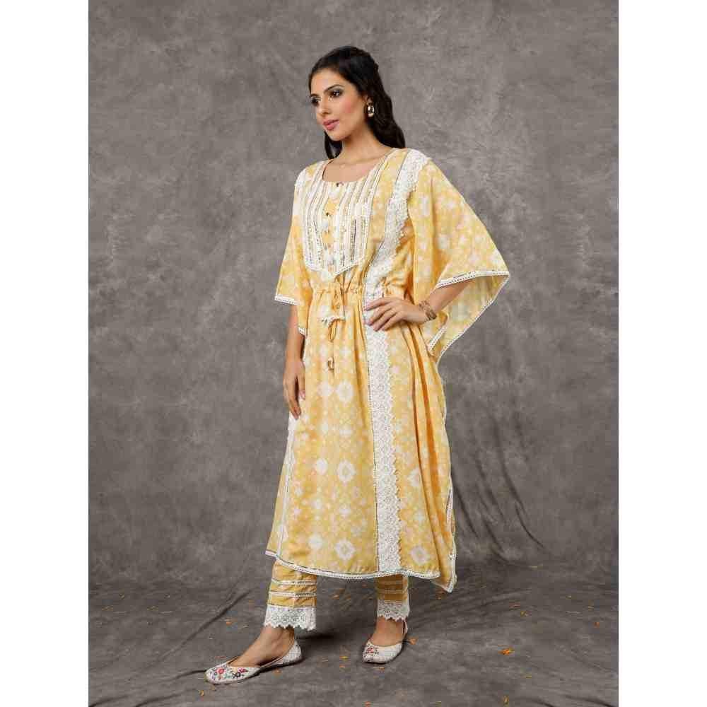 Ishnya NOOR by - Yellow Long Kaftan with Embroidered Pants (Set of 2)