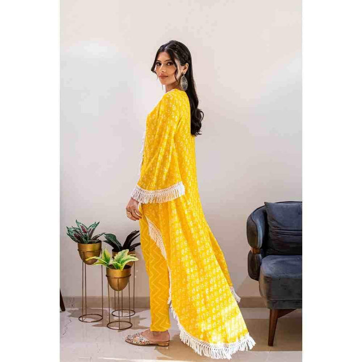 Ishnya MATARGASHTI - Asymmetrical Long Kurta with Dhoti Pants - Yellow (Set of 2)