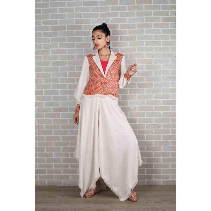 Ishnya Mettle - Peach Diamond Print Blazer And Divider Skirt (Set of 2)