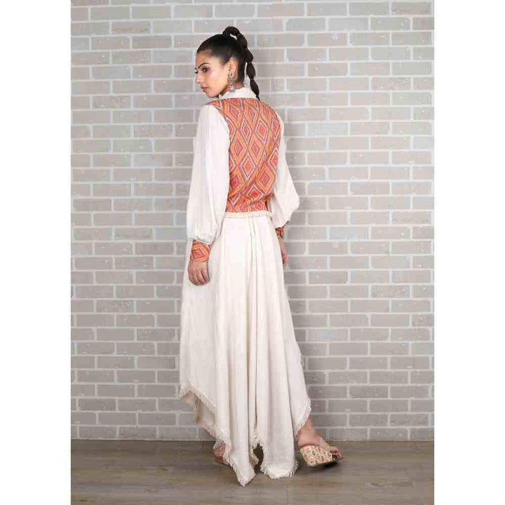 Ishnya Mettle - Peach Diamond Print Blazer And Divider Skirt (Set of 2)