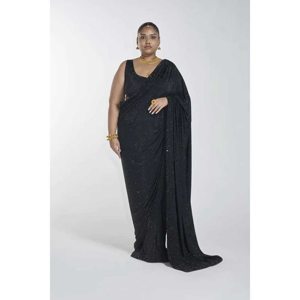 ITRH Phoenix Black Saree with Stitched Blouse (Set of 2)