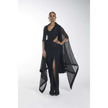 ITRH Luna Black Slit saree with Stitched Blouse (Set of 4)