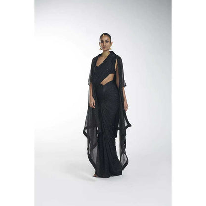 ITRH Luna Black Slit saree with Stitched Blouse (Set of 4)