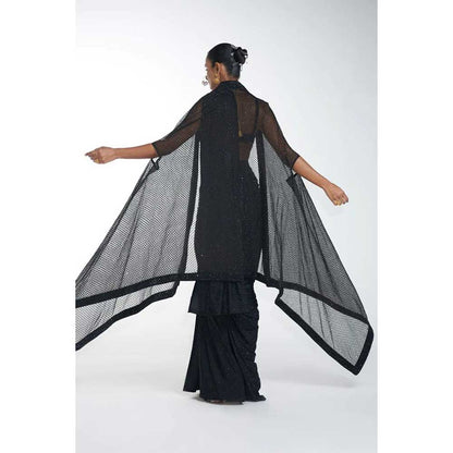 ITRH Luna Black Slit saree with Stitched Blouse (Set of 4)