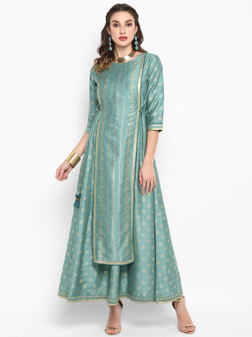 light green poly silk ethnic dress j0005-2