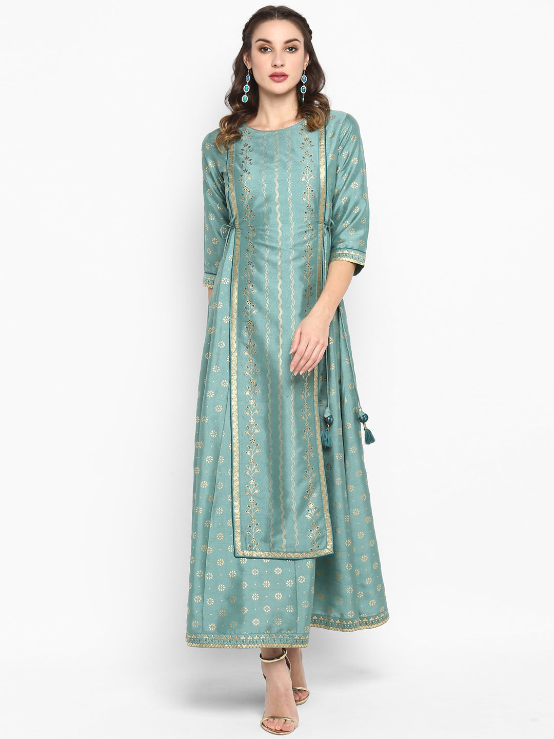 light green poly silk ethnic dress j0005-3