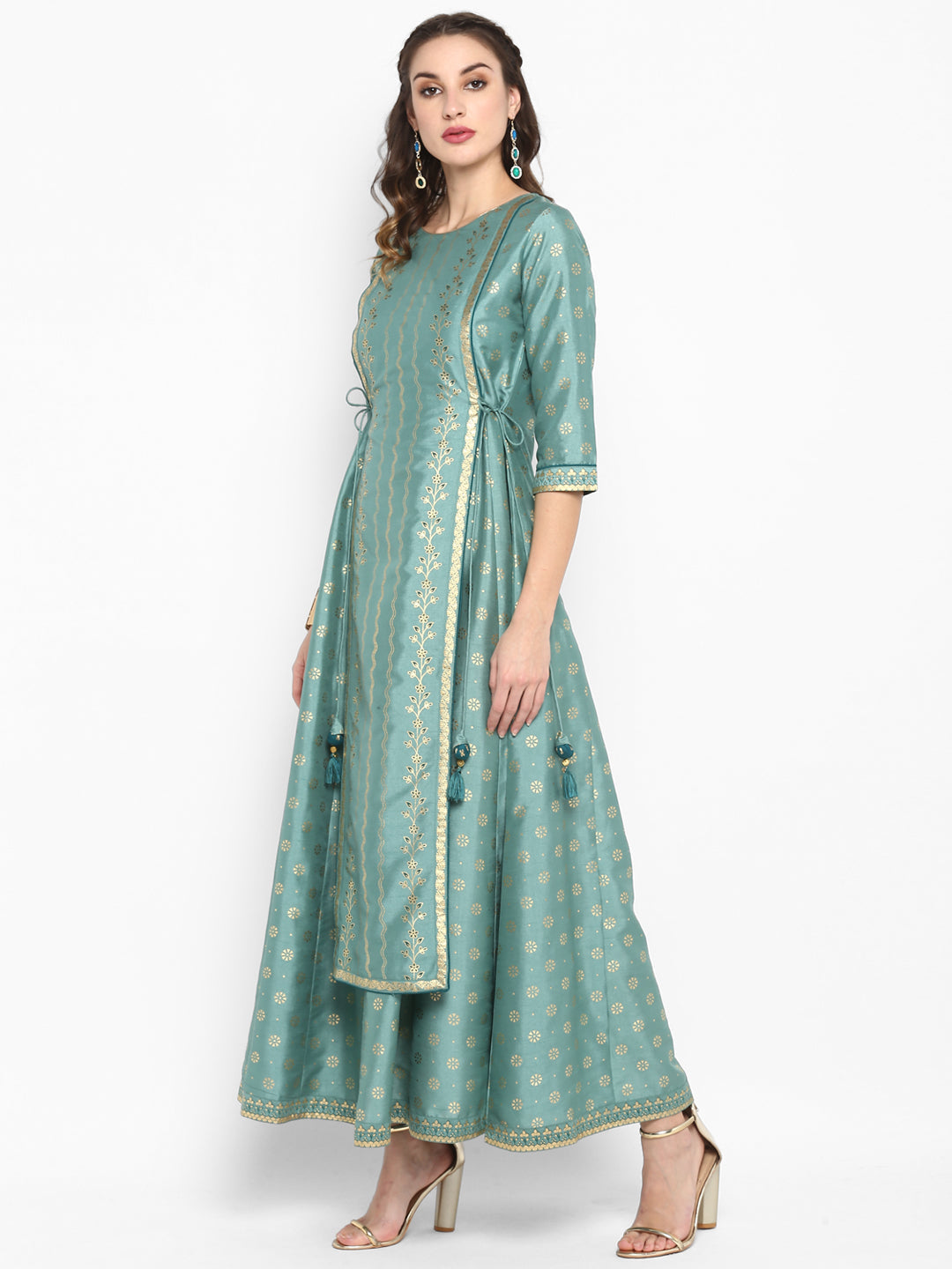 light green poly silk ethnic dress j0005-4