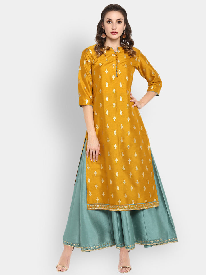 mustard poly silk ethnic dress j0006-1