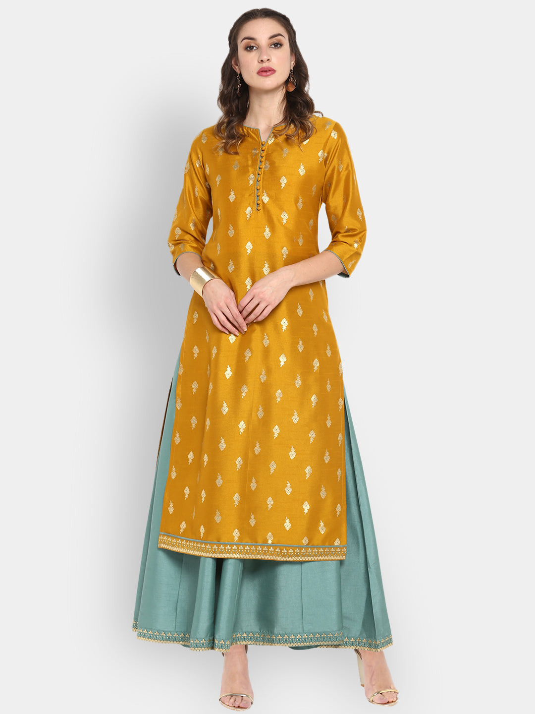 mustard poly silk ethnic dress j0006-2