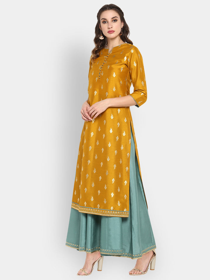 mustard poly silk ethnic dress j0006-3