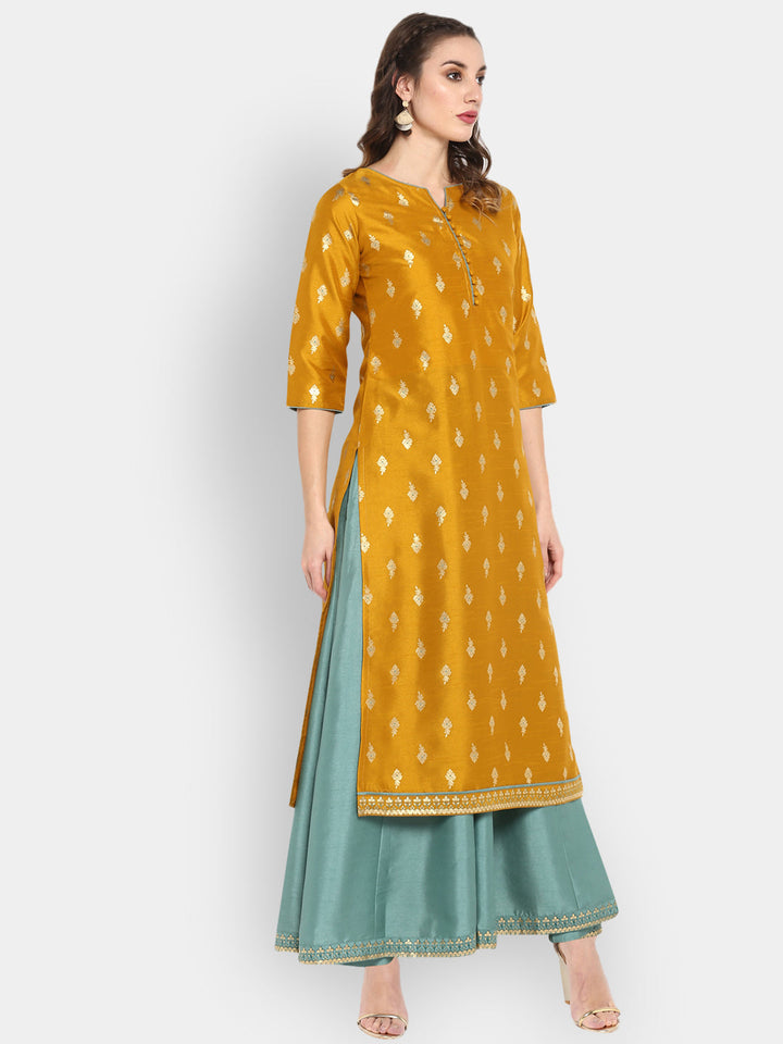 mustard poly silk ethnic dress j0006-4