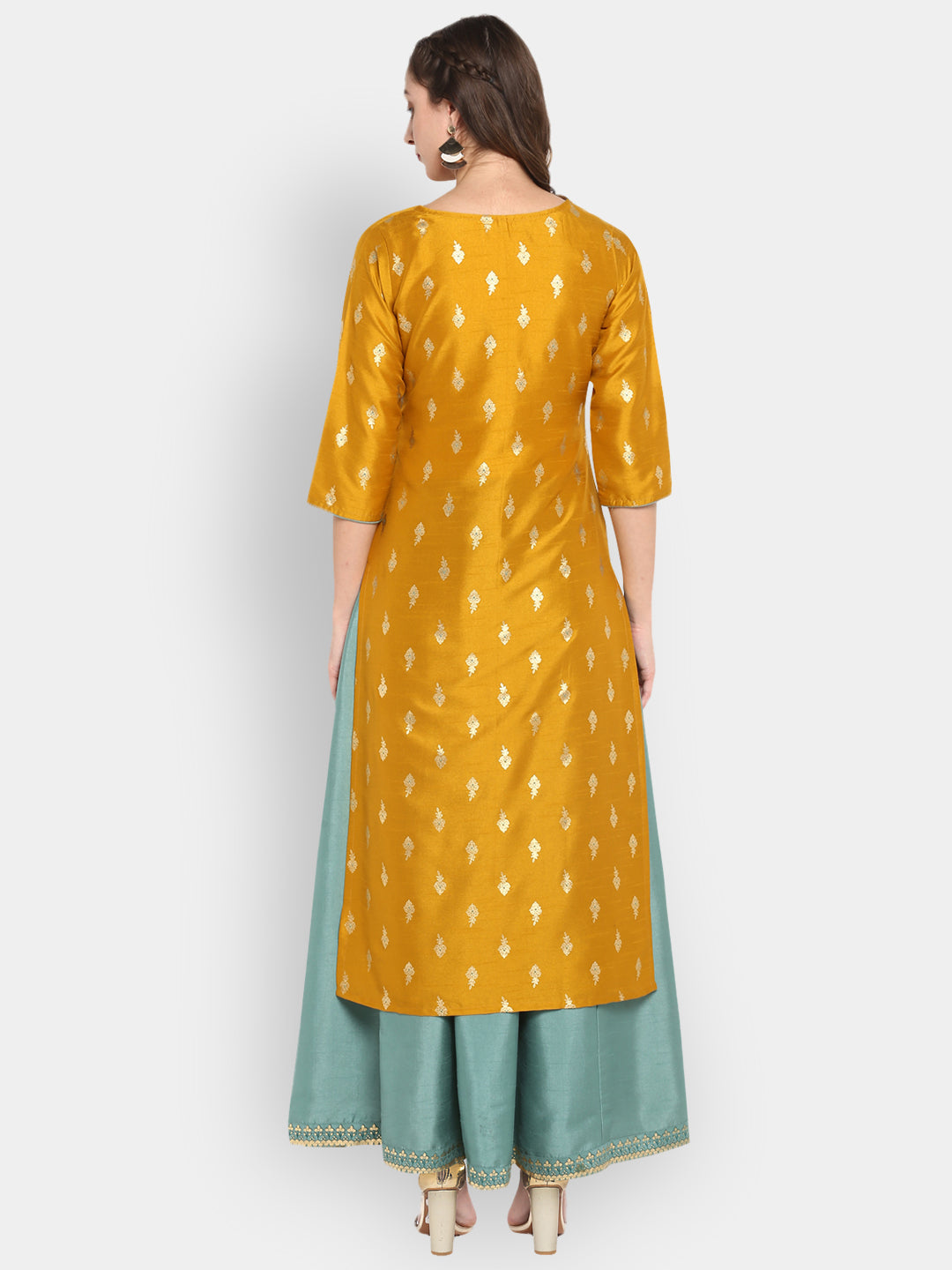 mustard poly silk ethnic dress j0006-5