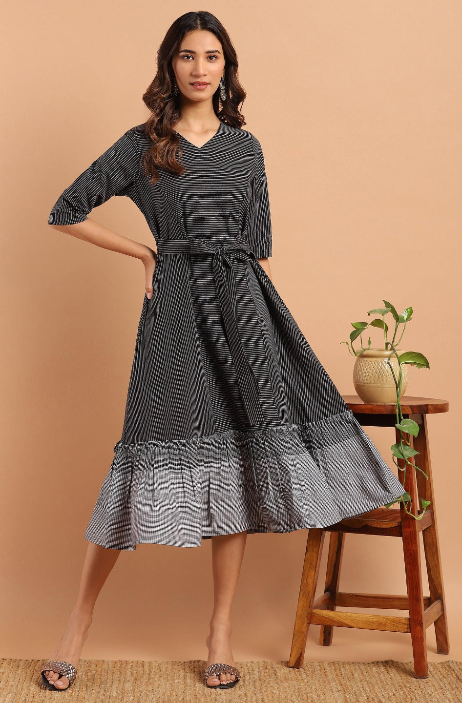 black cotton western dress with pocket j0157-2