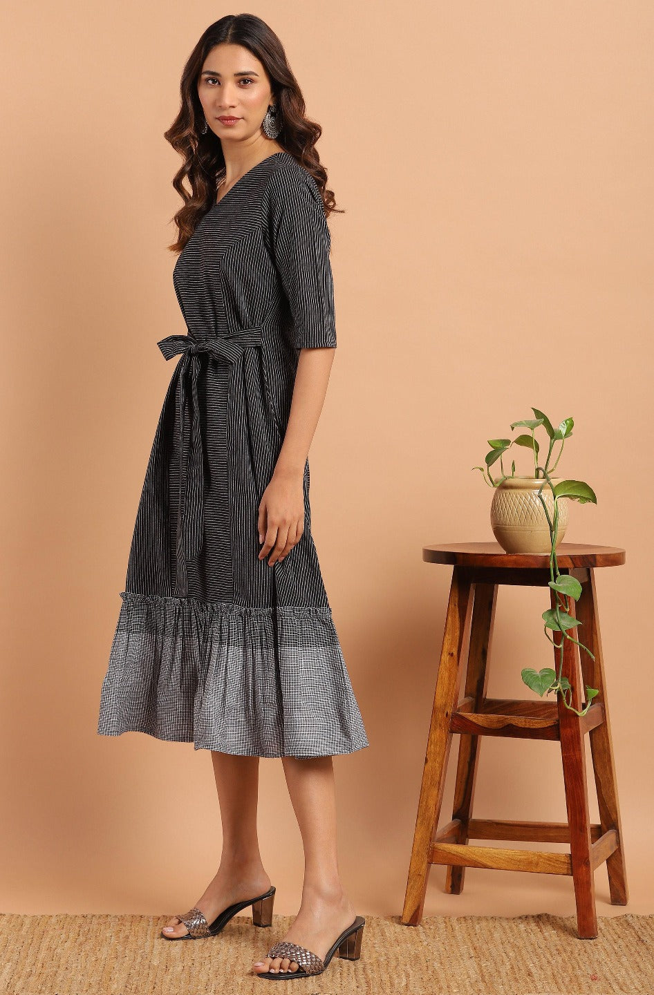 black cotton western dress with pocket j0157-3