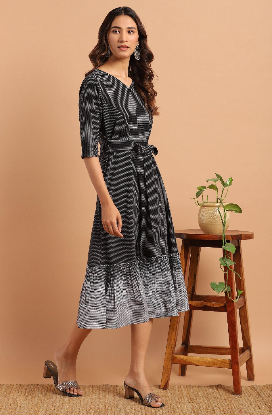 black cotton western dress with pocket j0157-1