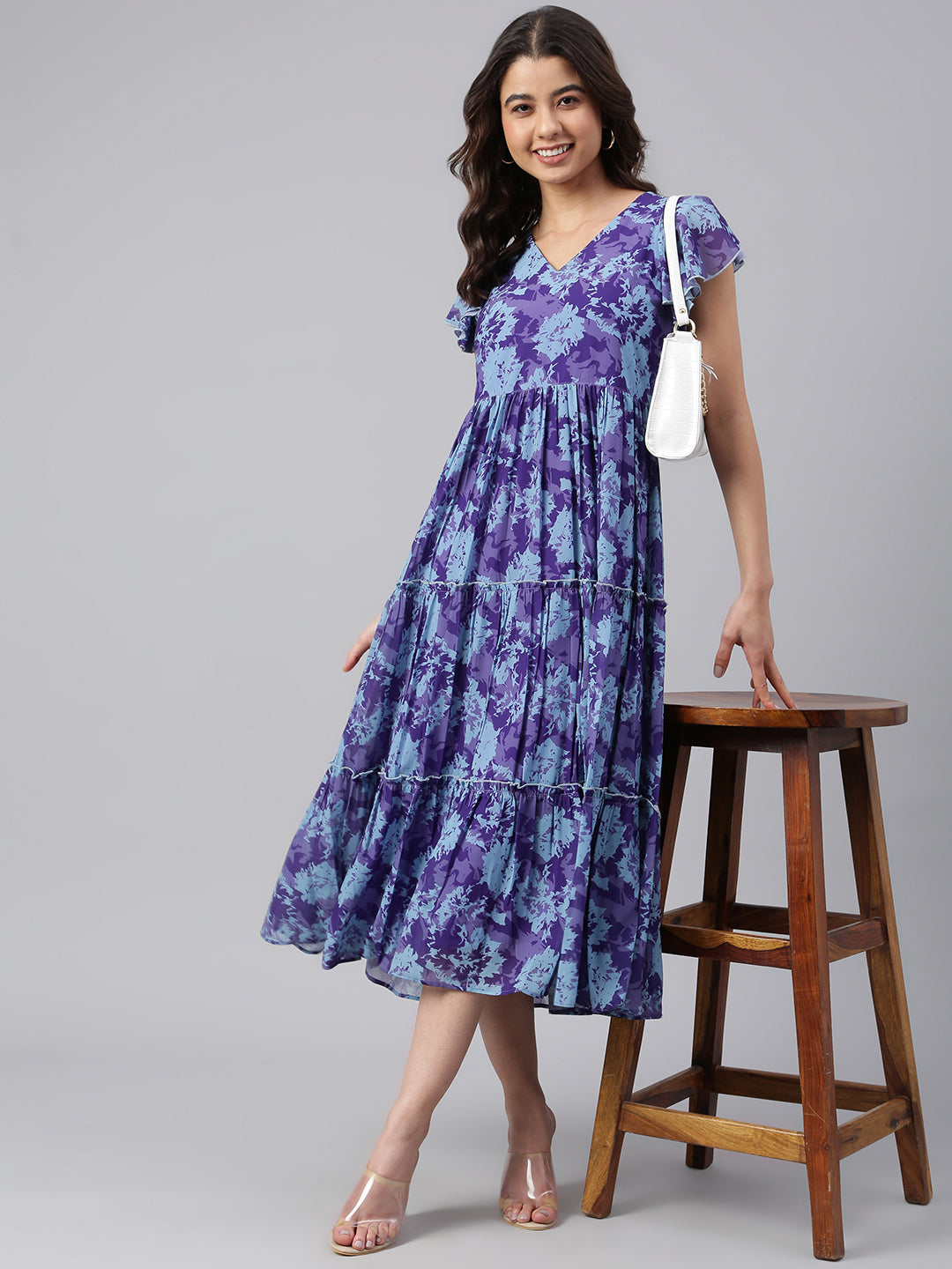 Blue Georgette Printed Flared Western Dress