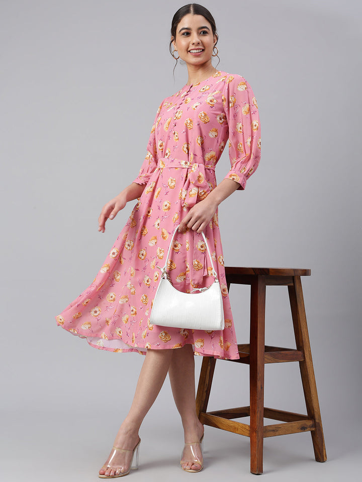 Pink Georgette Floral Print A-line Western Dress
