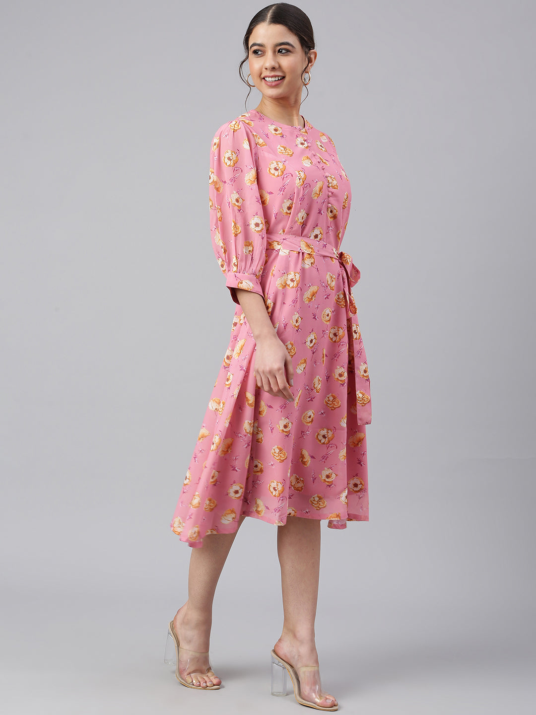 Pink Georgette Floral Print A-line Western Dress