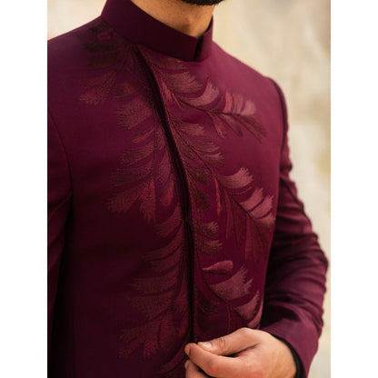 Jatin Malik Wine Fractal Bandhgala (Set of 3)