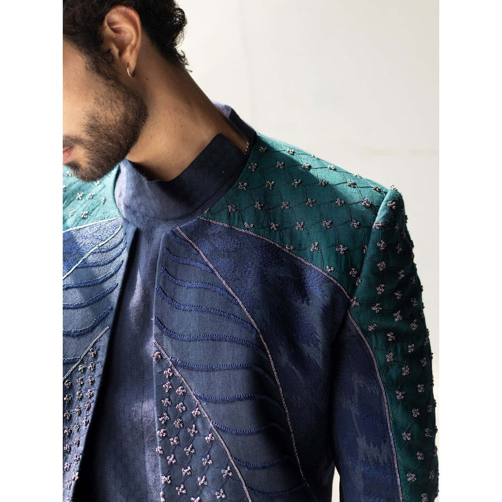 Jatin Malik Midnight Blue and Teal Colorblock Contemporary Jacket (Set of 3)