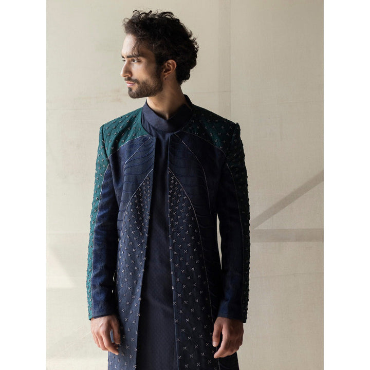 Jatin Malik Midnight Blue And Teal Colorblock Contemporary Jacket (Set Of 3)