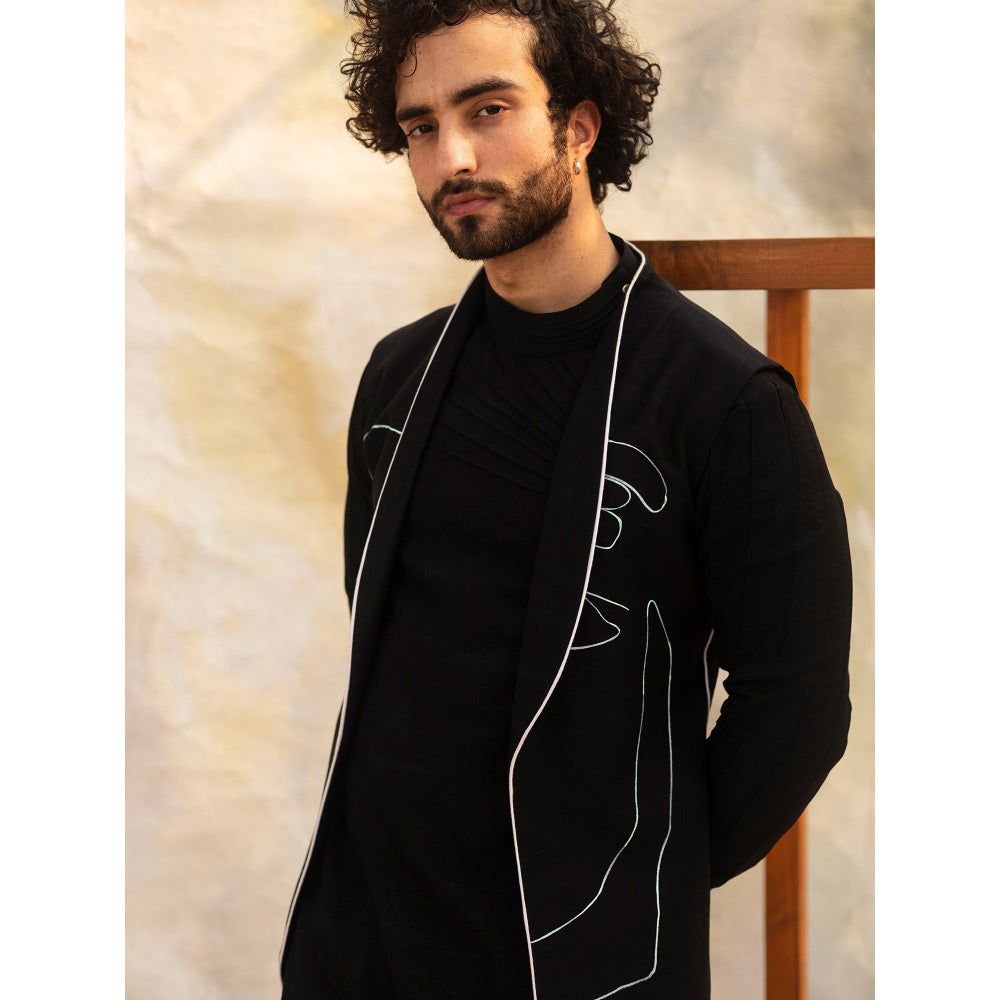Jatin Malik Black Handpainted Open Nehru Jacket (Set of 3)