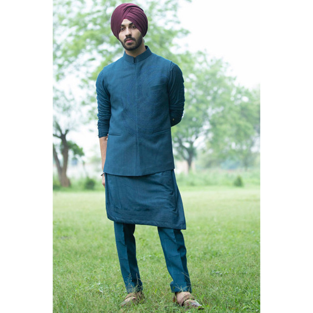 Jatin Malik Teal Blue Nehru Jacket (Set of 3)
