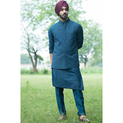Jatin Malik Teal Blue Nehru Jacket (Set of 3)