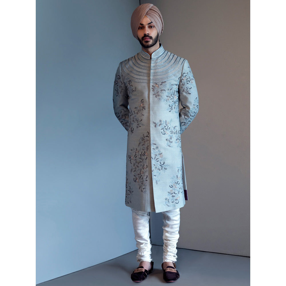 Jatin Malik Ice Blue Contemporary Sherwani (Set of 4)