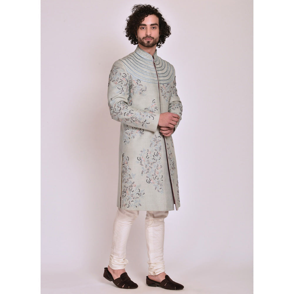 Jatin Malik Ice Blue Contemporary Sherwani (Set of 4)
