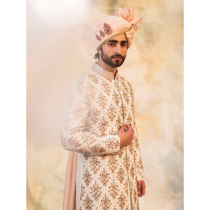Jatin Malik Ivory Textured Base Sherwani (Set of 4)