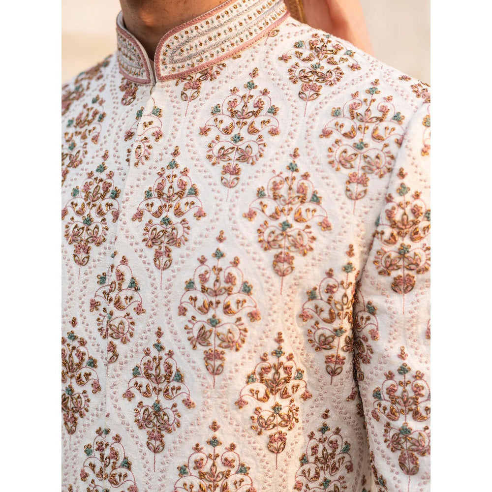 Jatin Malik Ivory Textured Base Sherwani (Set of 4)