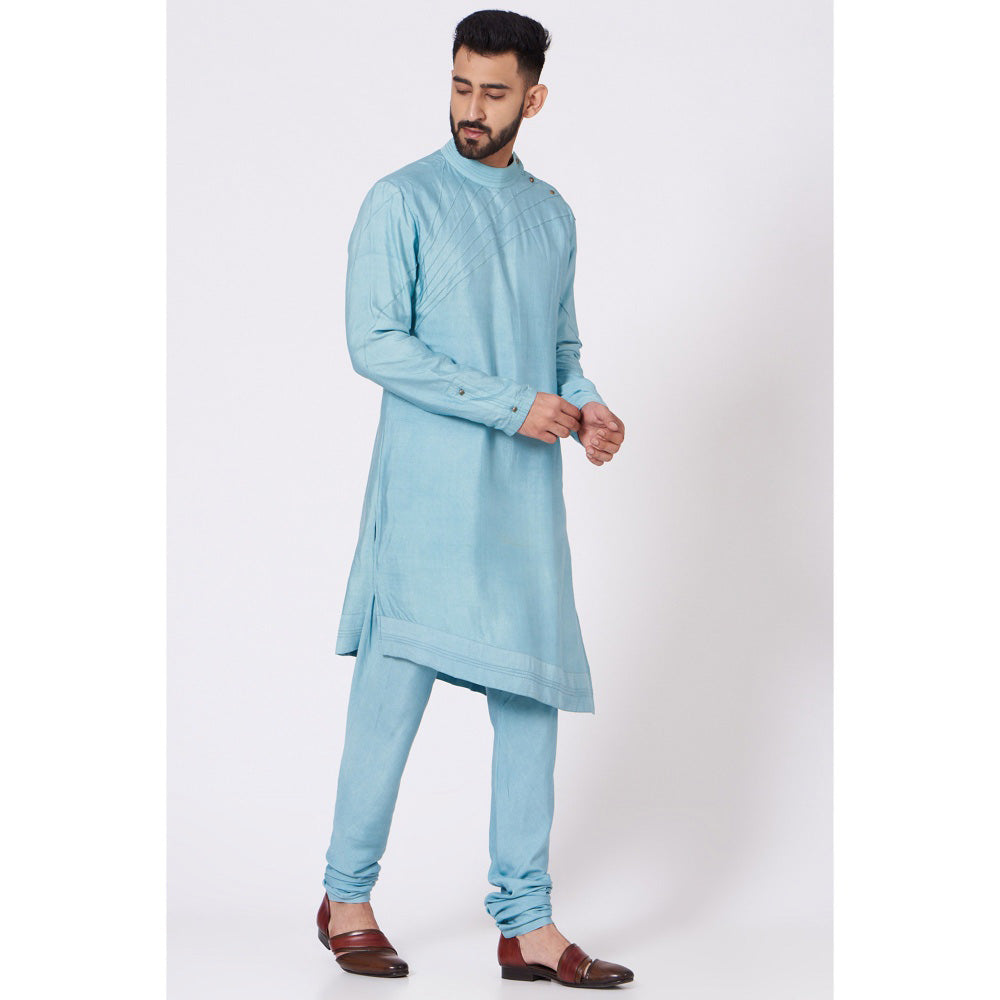 Jatin Malik Pool Blue Shoulder Buttoned Kurta (Set of 2)