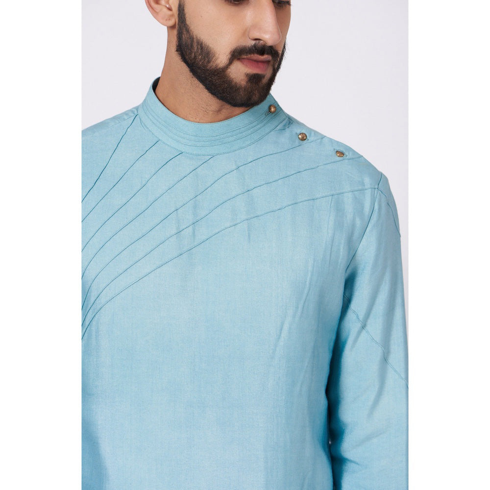 Jatin Malik Pool Blue Shoulder Buttoned Kurta (Set of 2)