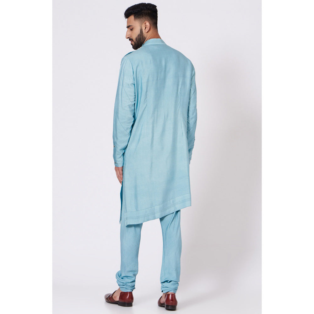 Jatin Malik Pool Blue Shoulder Buttoned Kurta (Set of 2)