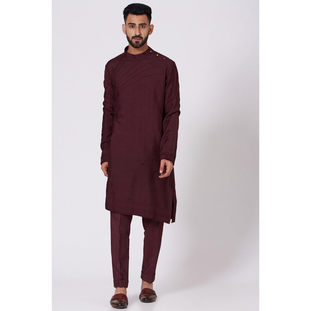 Jatin Malik Wine Shoulder Buttoned Kurta (Set of 2)