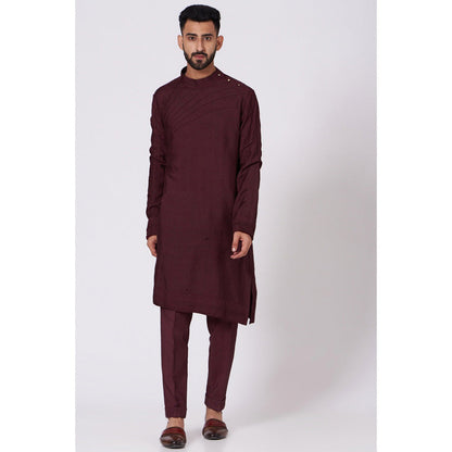 Jatin Malik Wine Shoulder Buttoned Kurta (Set of 2)
